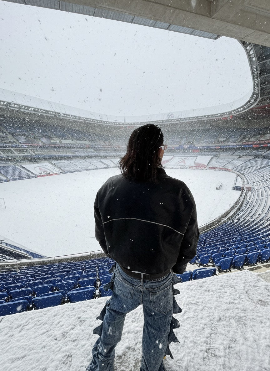 Handcrafted Black Leather Bomber with Sculpted Paneling