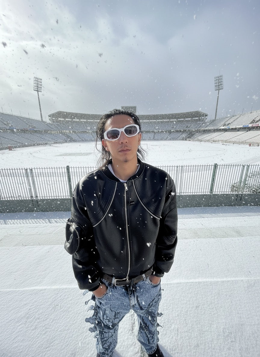 Handcrafted Black Leather Bomber with Sculpted Paneling