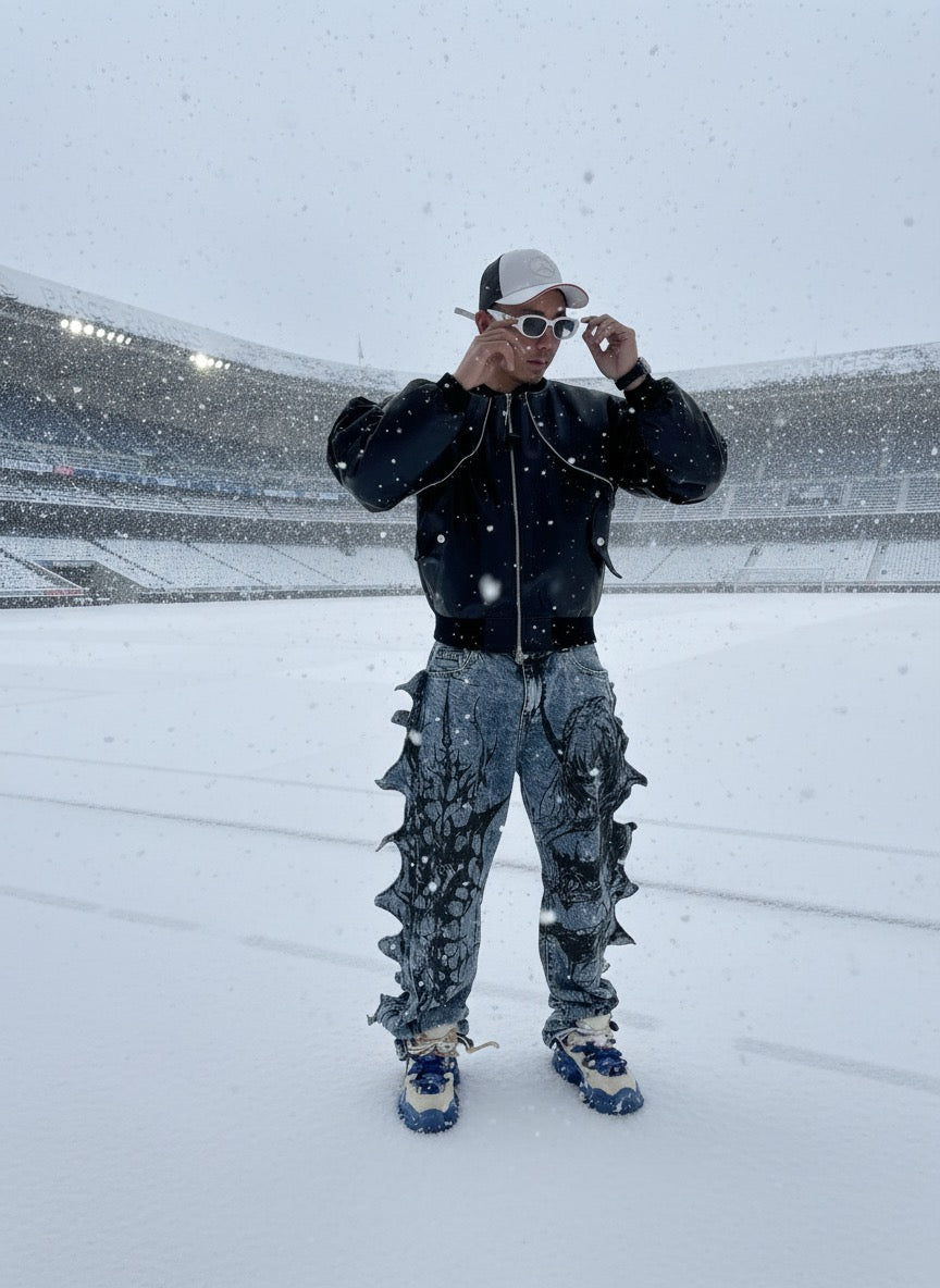 Handcrafted Black Leather Bomber with Sculpted Paneling