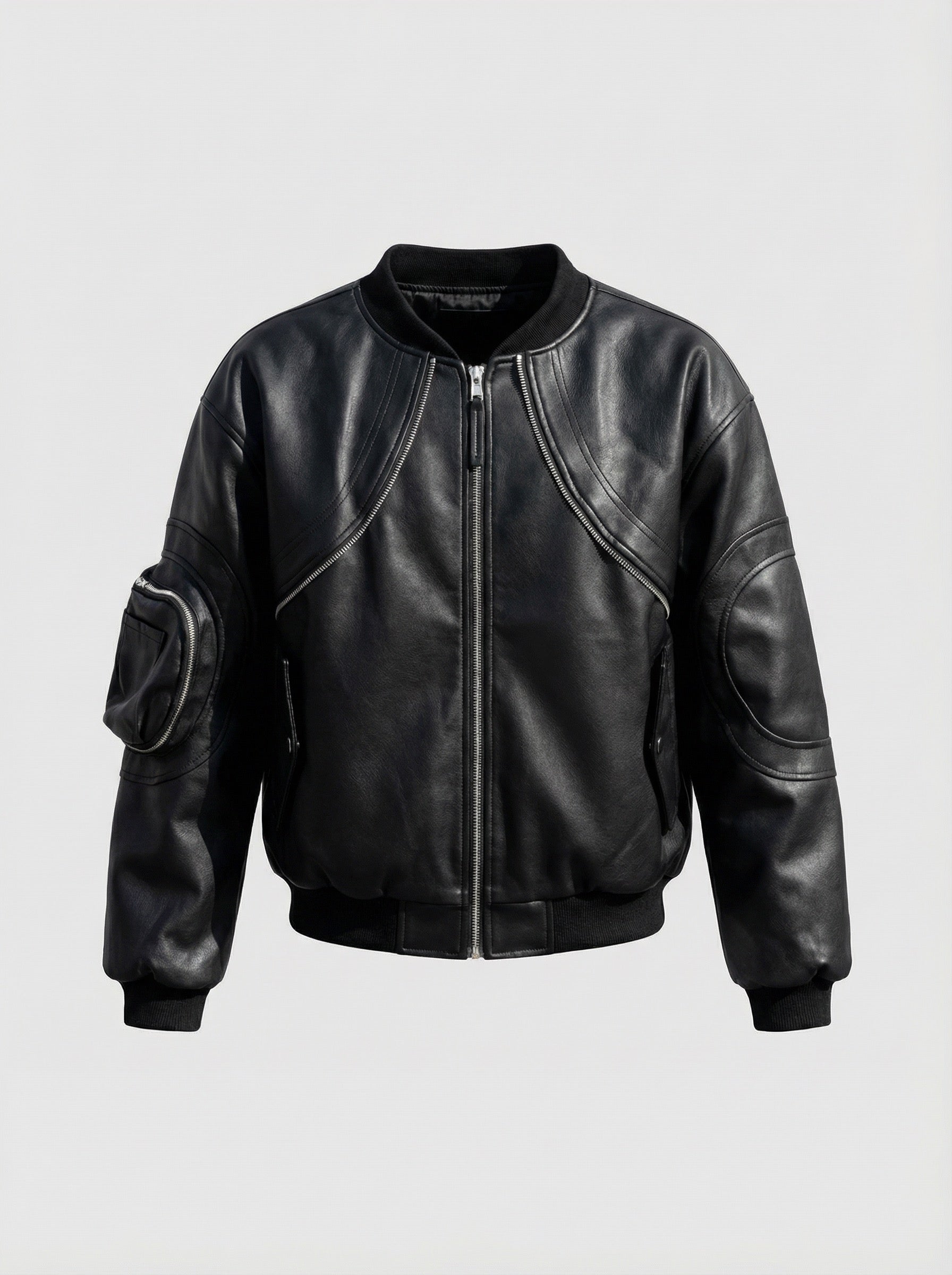 Handcrafted Black Leather Bomber with Sculpted Paneling