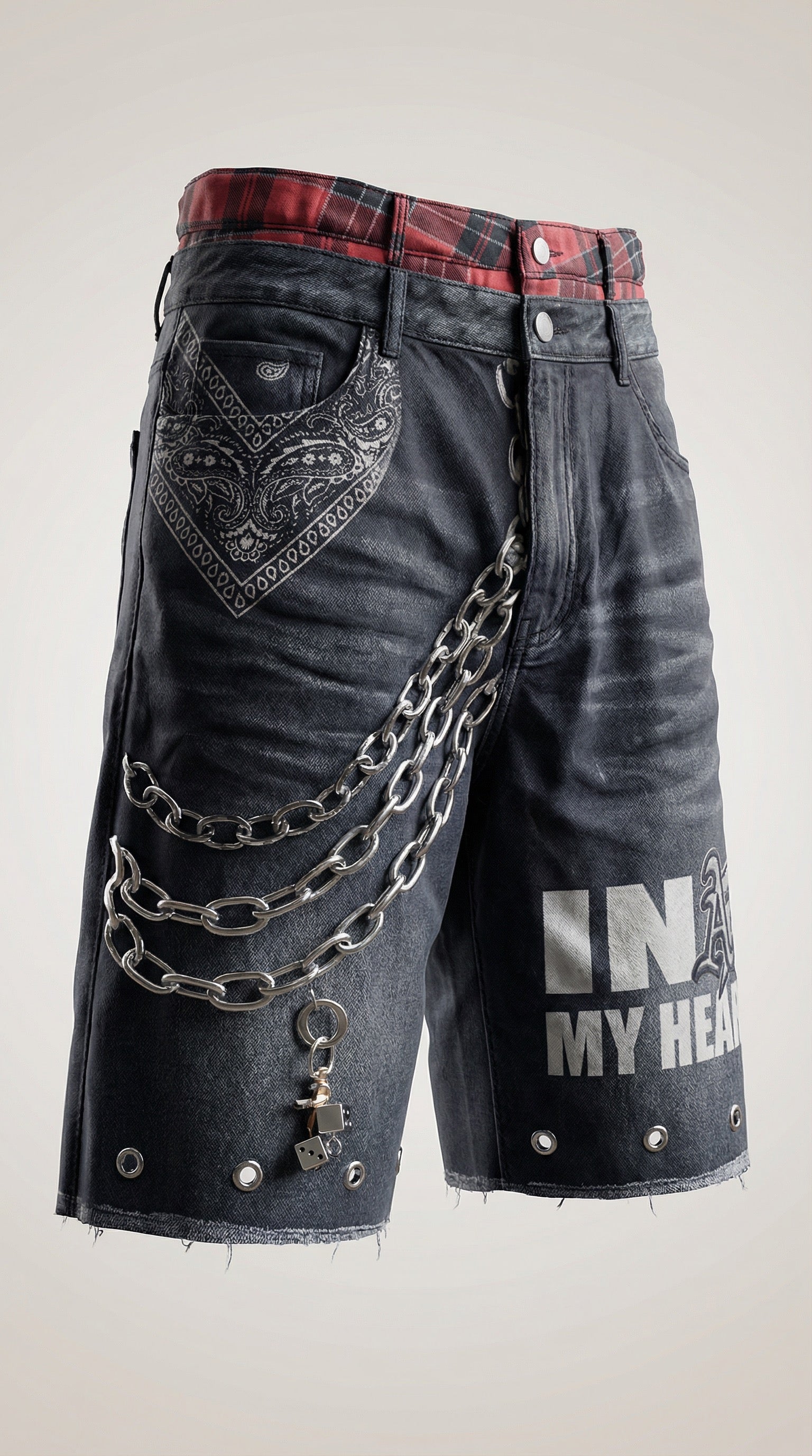 Punk Streetwear Denim Shorts with Chains & Bandana Detail